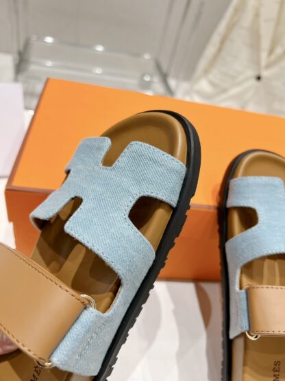 Hermes brown blue spring and summer new leather slippers - Image 6