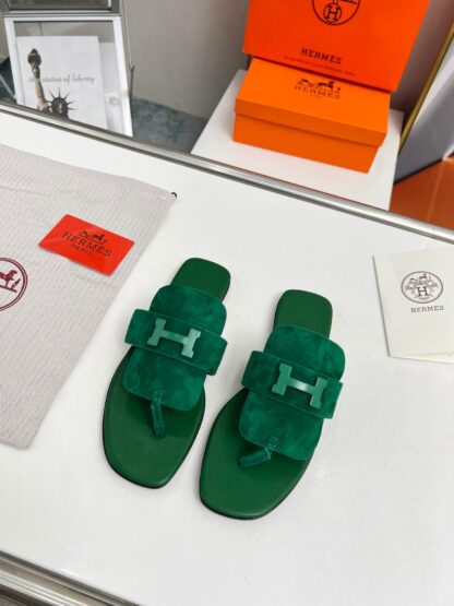 Hermès Spring and Summer Dark Green Daily Home Travel Holiday Essential Slippers - Image 5