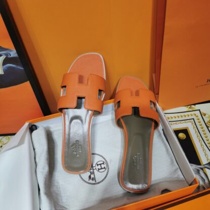 Hermès Palm Pattern Orange Leather Slippers - Image 6