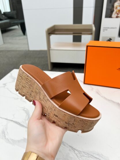 Hermès early spring new brown pure handmade thick-soled platform slippers - Image 5