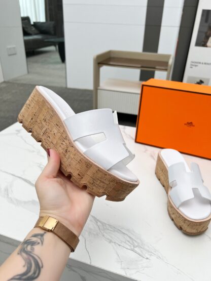 Hermès early spring new white pure handmade thick-soled platform slippers - Image 6