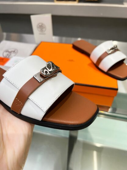 Hermès early spring new white and brown pure handmade leather slippers - Image 5