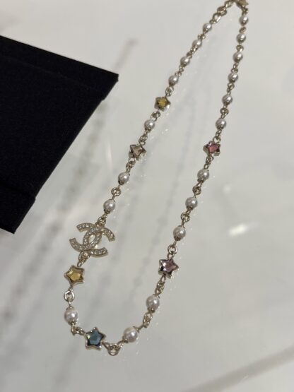 Chanel Colored Crystal Star Gold Diamond Double C Pearl Necklace - Image 6