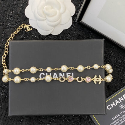 Chanel Pink Heart Letter Pearl Choer Necklace - Image 6