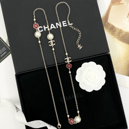 Chanel Vintage Red Flower Pearl Double C Necklace - Image 7