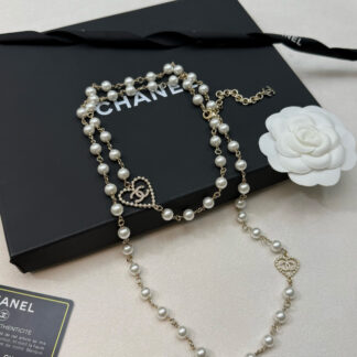 Chanel Hollow Heart Diamond Double C Pearl Necklace