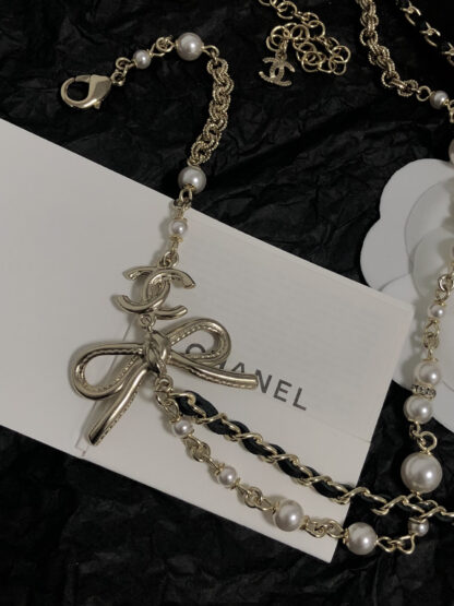 Chanel leather chain pearl bow double clavicle necklace - Image 6