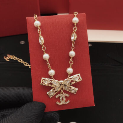 Chanel Light Gold Bow Diamond Pearl Necklace - Image 6