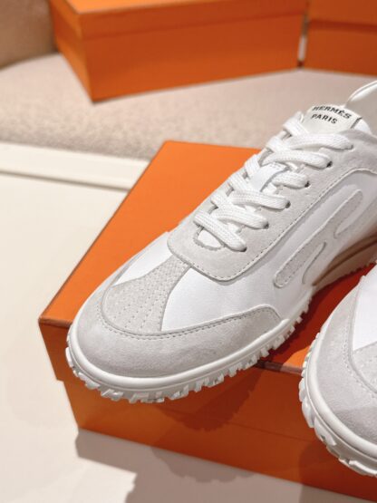 Hermès white and grey goatskin contrasting sneakers, 2cm thick sole - Image 6