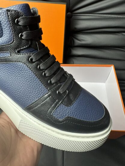Hermès blue and black color matching cowhide high-end noble high-top casual shoes - Image 7