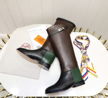 Hermès classic kelly buckle stylish brown and green color matching mid-calf boots - Image 7