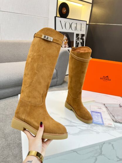 Hermès classic kelly buckle brown velvet fashion mid-calf boots - Image 6