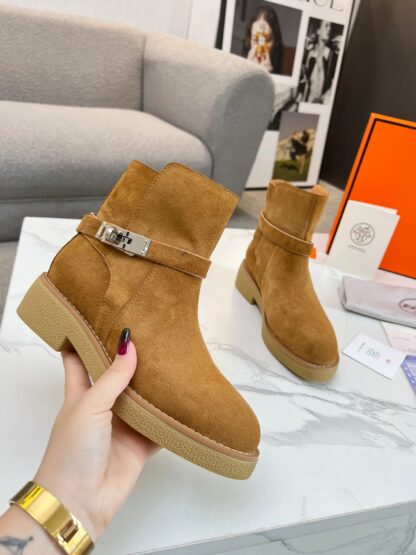 Hermès Classic Brown Silver Buckle Suede Biker Boots - Image 7