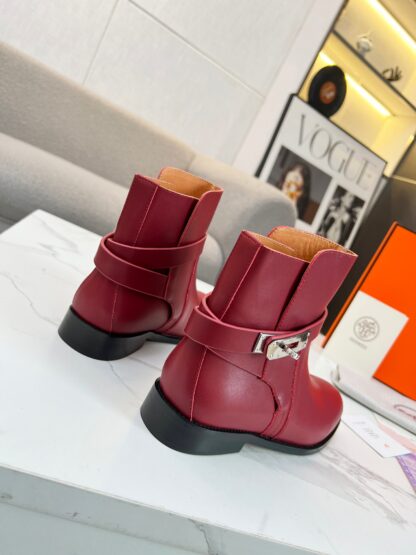 Hermes dark red silver buckle classic kelly buckle fashion ankle boots - Image 7