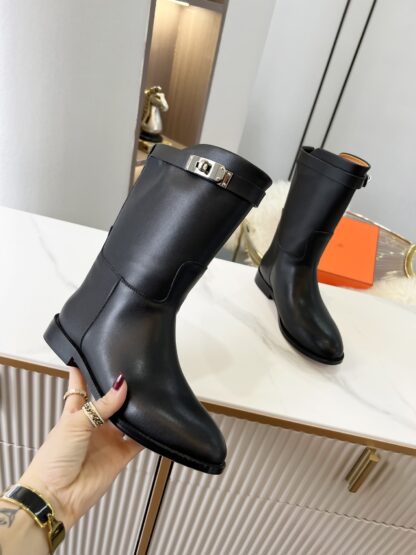 Hermès classic black silver buckle fashion ankle boots - Image 7