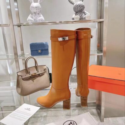 Hermes autumn and winter fashion brown women's long boots heel height 7cm - Image 6
