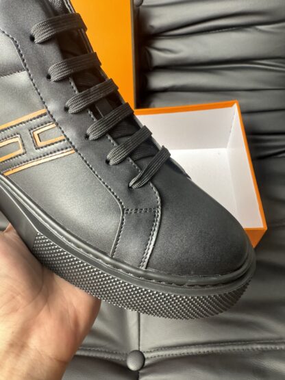 Hermès black and orange color matching cowhide high-end noble high-top casual shoes - Image 7