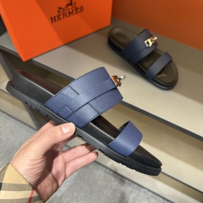 Hermes dark blue gold buckle summer pure handmade high-end sandals - Image 7