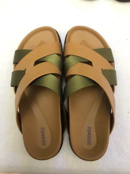 Hermès Brown and Green Braided Slippers - Image 4