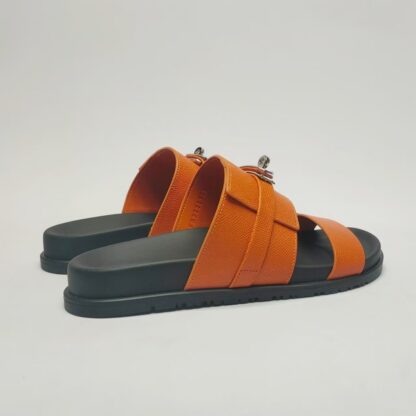 Hermès couple's orange silver buckle woven sandals - Image 7