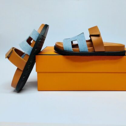 Hermès Couple Braided Brown and Blue Slippers - Image 7