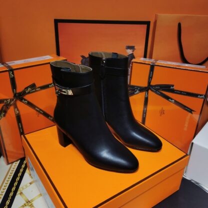 Hermès classic autumn and winter black chunky heel elegant ankle boots - Image 7