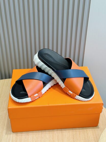 Hermès orange and blue color matching men's cross ultra-light and comfortable slippers - Image 7