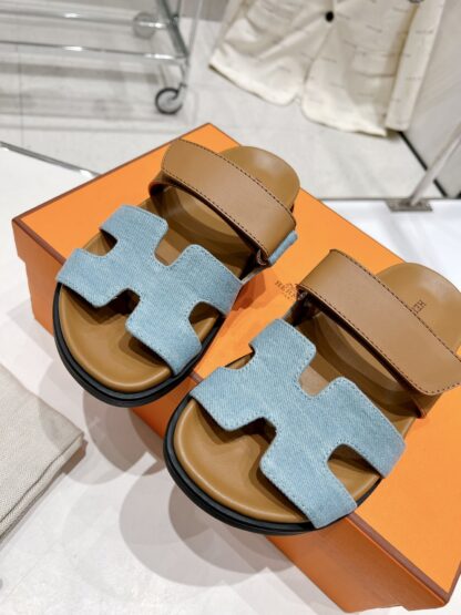 Hermes brown blue spring and summer new leather slippers - Image 7