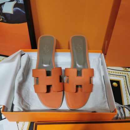 Hermès Palm Pattern Orange Leather Slippers - Image 7