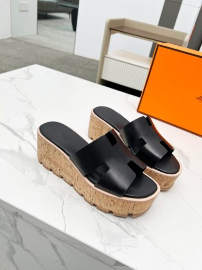 Hermès early spring new black pure handmade thick-soled platform slippers - Image 6