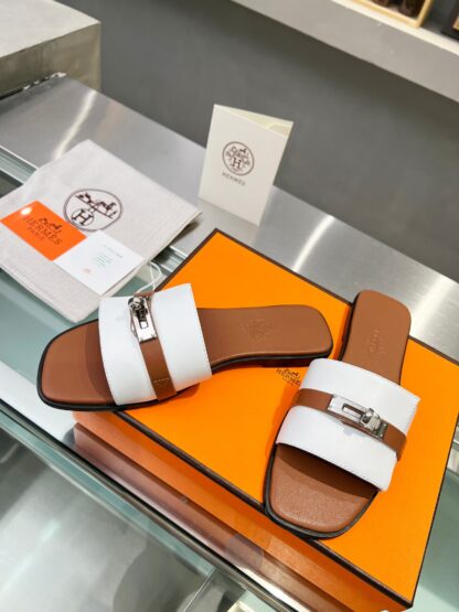 Hermès early spring new white and brown pure handmade leather slippers - Image 6