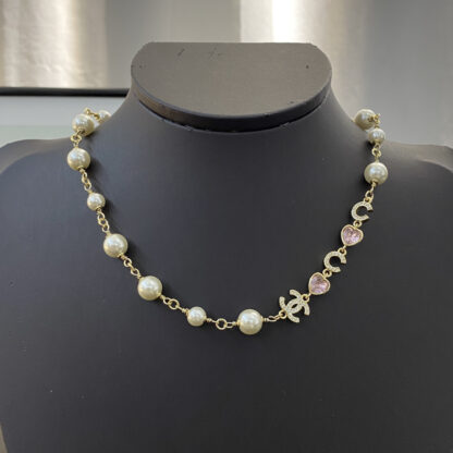 Chanel Pink Heart Letter Pearl Choer Necklace - Image 7