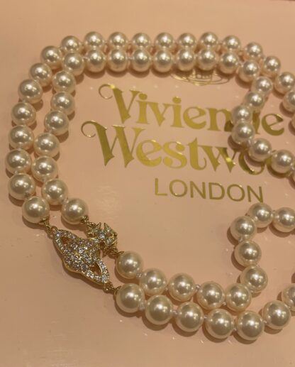 Vivienne Westwood Gold Diamond Saturn Magnetic Clasp Double Pearl Necklace - Image 7