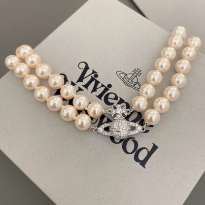 Vivienne Westwood Saturn double pearl necklace with full diamonds - Image 7