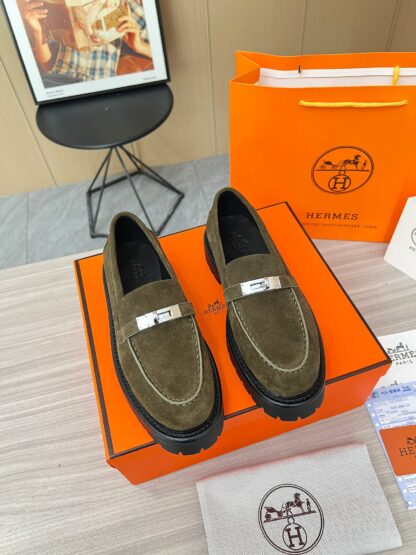 Hermes dark green comfortable trendy leather loafers - Image 5