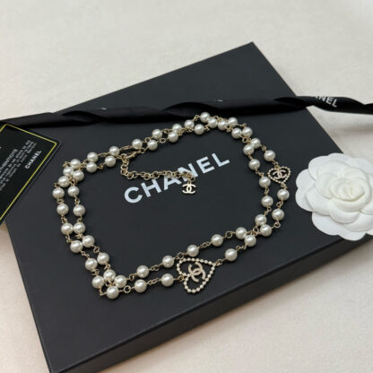 Chanel Hollow Heart Diamond Double C Pearl Necklace - Image 7