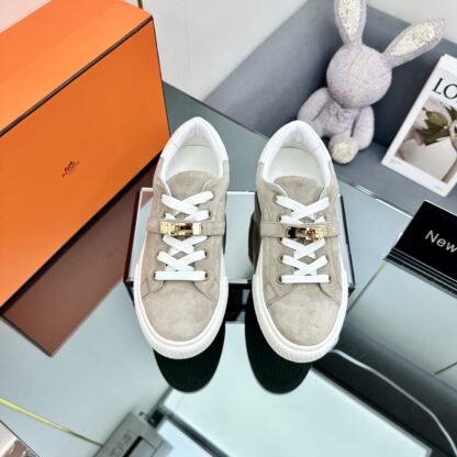 Hermes couple thick-soled lace-up fashionable apricot white casual shoes - Image 7