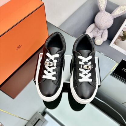 Hermes couple's lace-up thick-soled black and white casual shoes - Image 7