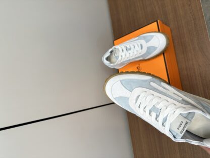 Hermès blue and white goatskin contrasting sneakers, 2cm thick sole - Image 7