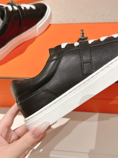 Hermes couple black and white silver kelly shoe buckle classic flat casual shoes - Image 7