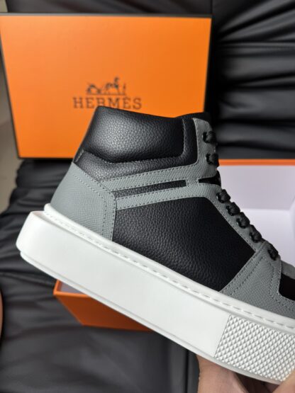 Hermes grey and black color matching cowhide high-end noble high-top casual shoes - Image 8