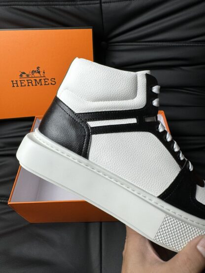Hermes white and black color matching cowhide high-end noble high-top casual shoes - Image 7