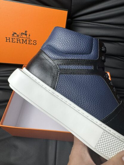 Hermès blue and black color matching cowhide high-end noble high-top casual shoes - Image 8