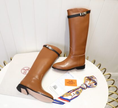 Hermès classic kelly buckle brown flat fashion mid-calf boots - Image 8