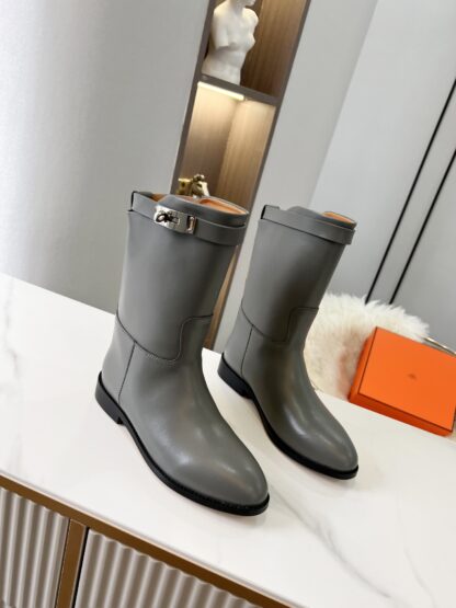Hermes grey silver buckle classic kelly buckle fashion ankle boots - Image 8