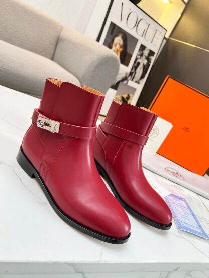 Hermes dark red silver buckle classic kelly buckle fashion ankle boots - Image 8