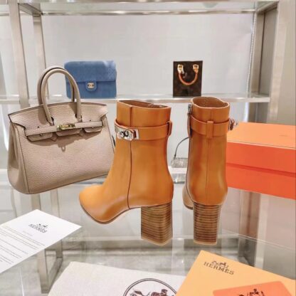 Hermes autumn and winter fashion brown women's short boots heel height 7cm - Image 7