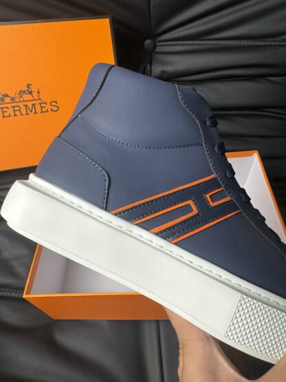 Hermes dark blue leather high-end noble high-top casual shoes - Image 8