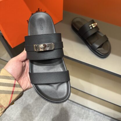 Hermes black gold buckle summer pure handmade high-end sandals - Image 8