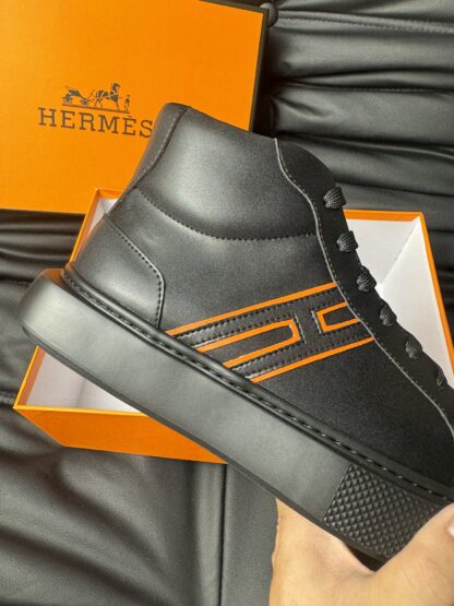 Hermès black and orange color matching cowhide high-end noble high-top casual shoes - Image 8